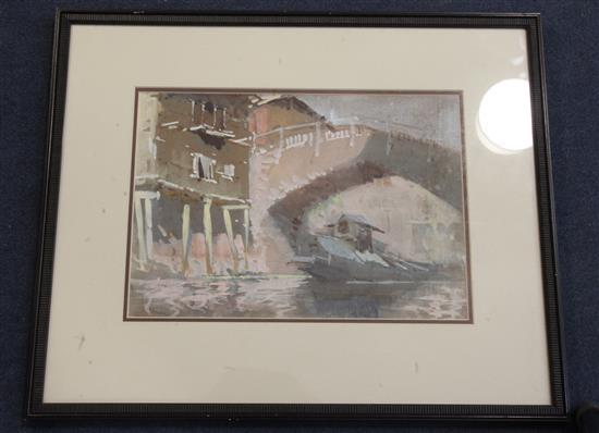 Narayan Shridhar Bendre (1910-1992) Junk passing beneath a bridge 9 x 13in.